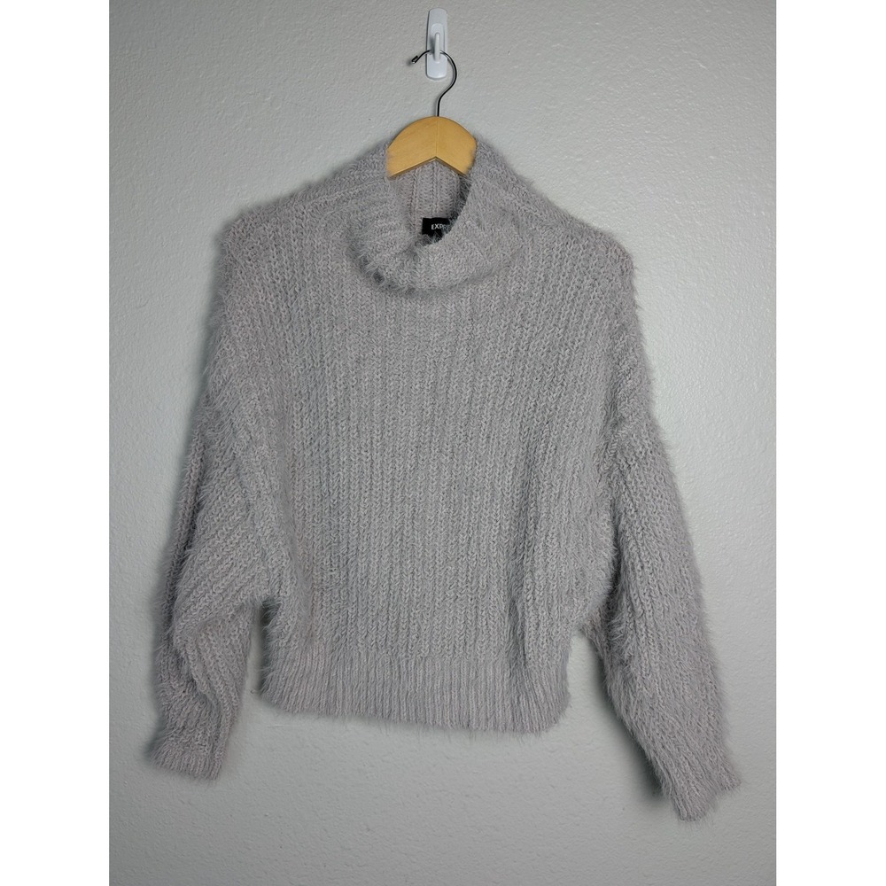 Express Sweater Womens‎ Small Gray Fuzzy Turtleneck Knit Pullover Cropped